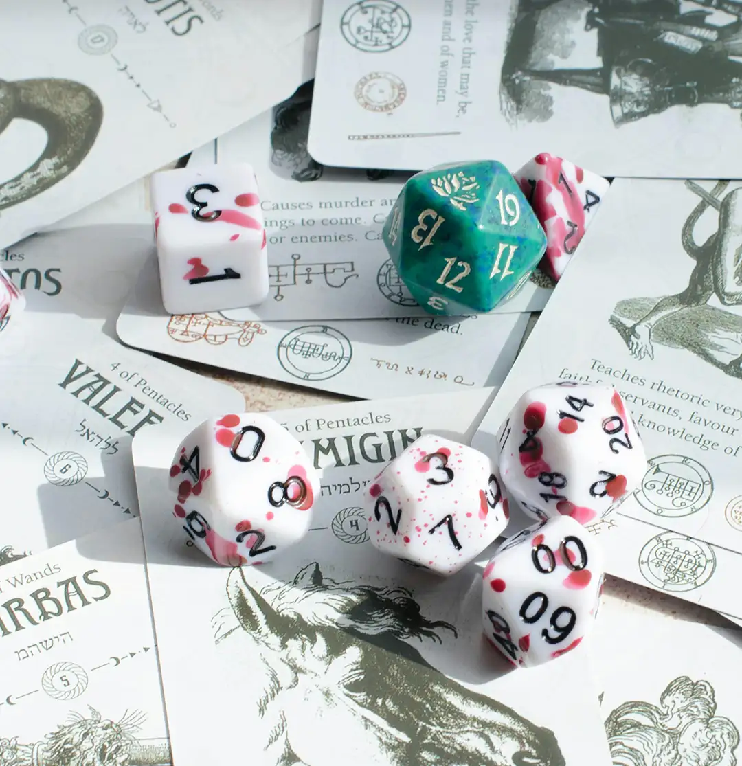 7 Tips To Help You Build a Chracter in D&D dungeons and dragons blog dice hedron bloody dice on top of character sheets dungeon and dragon green dice, white and red dice